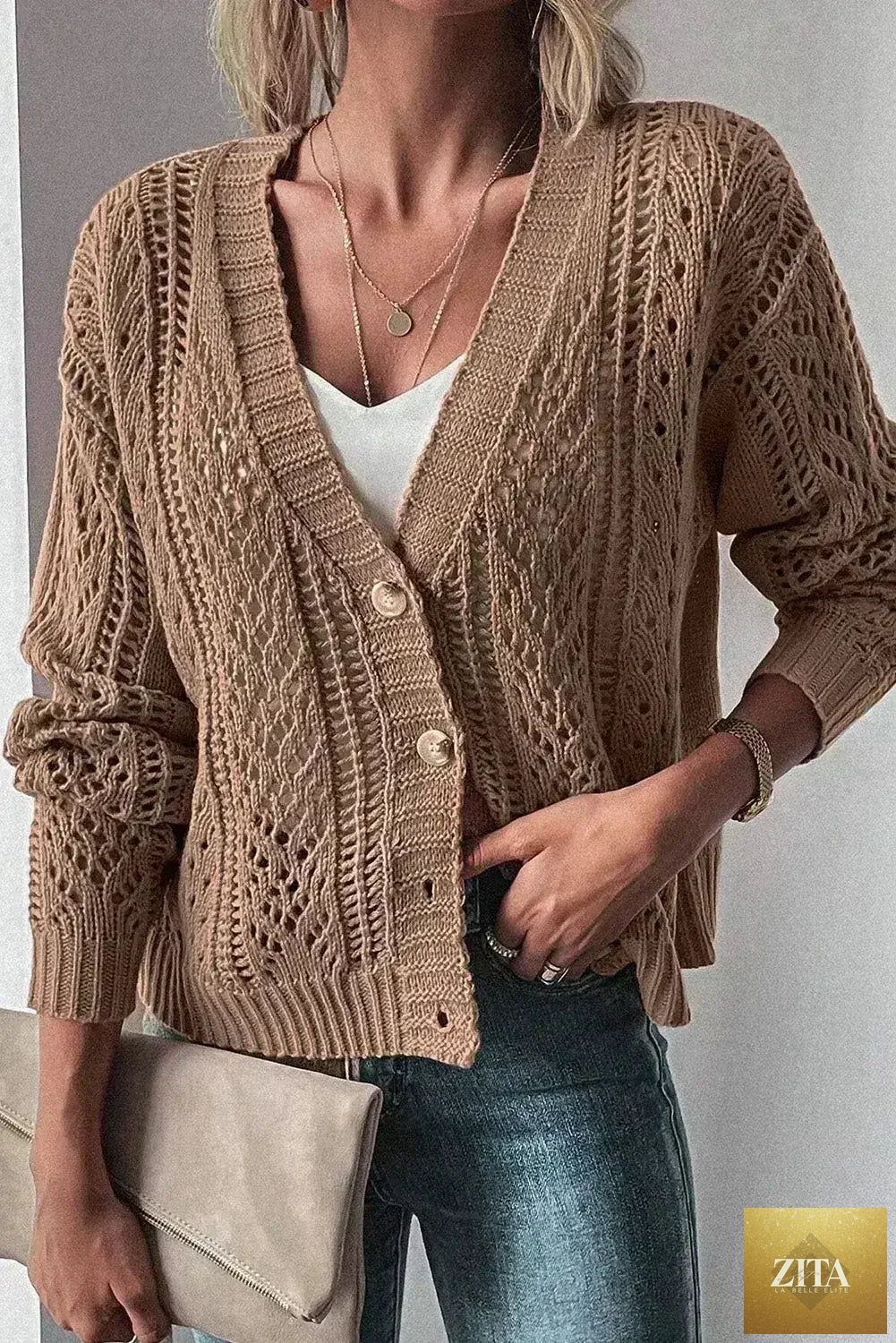 Dark khaki open-knit cardigan by Femstylo, drop shoulder sweater made from cotton-acrylic blend, featuring a cozy, casual style.