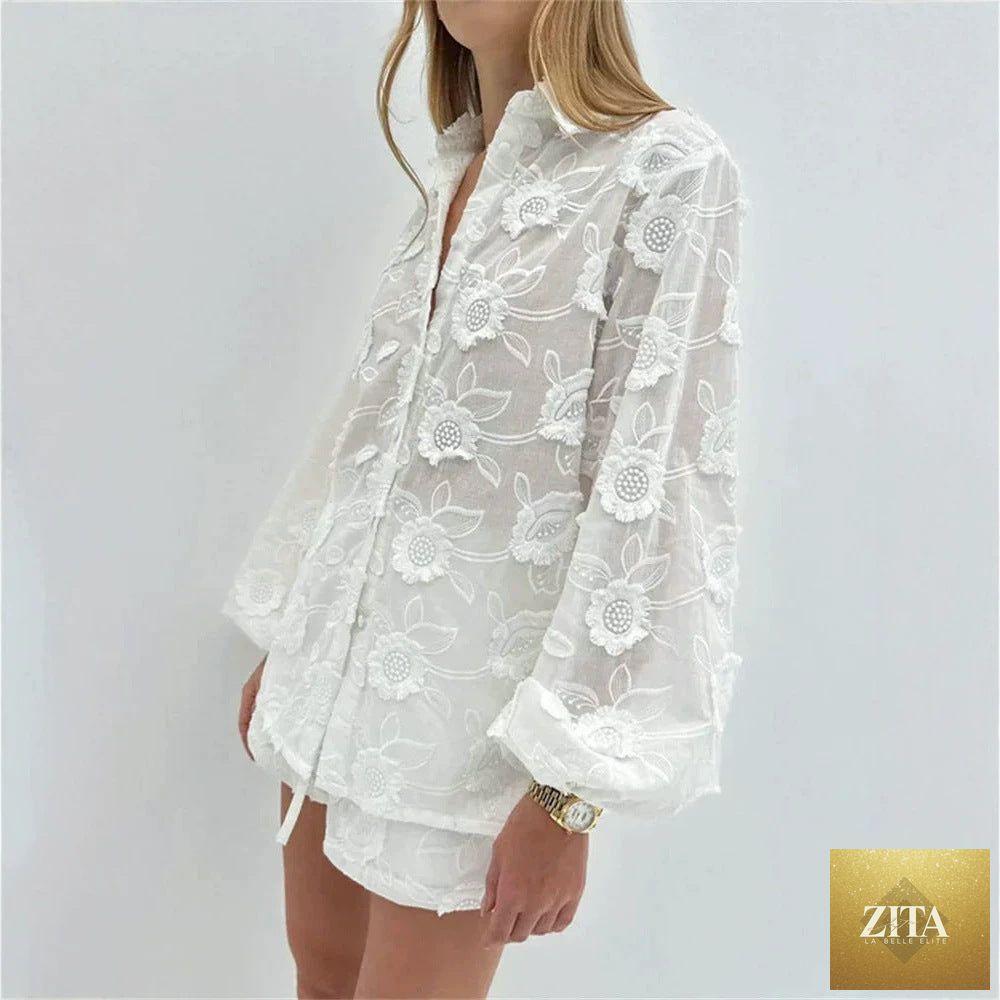 Embroidered cotton shirt and shorts two-piece set by FitiqueFit, featuring colorful embroidery on a lightweight, comfortable fabric.