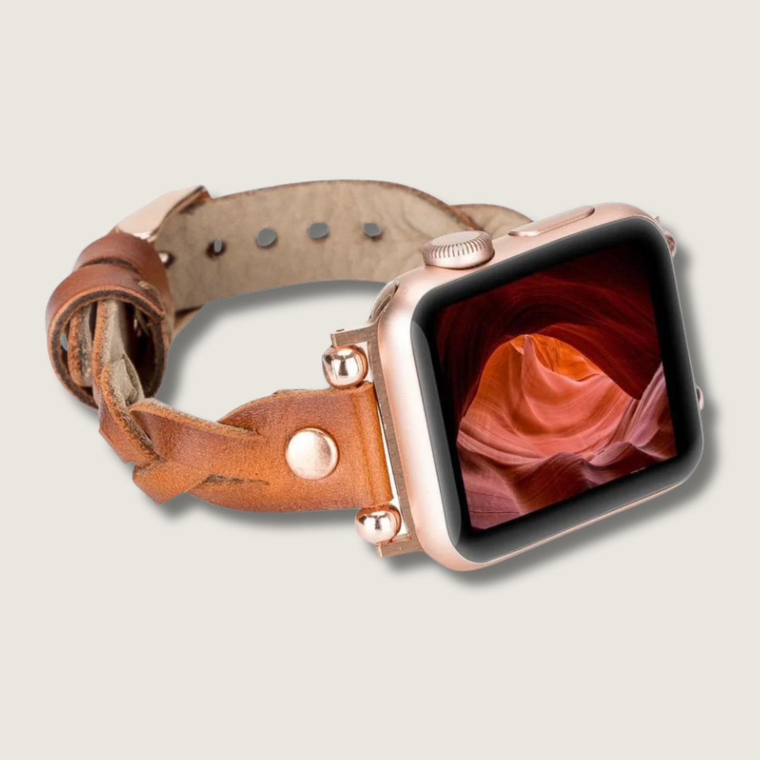 Leather Apple Watch band in brown with braided design, compatible with Apple Watch, from LEATHERE.