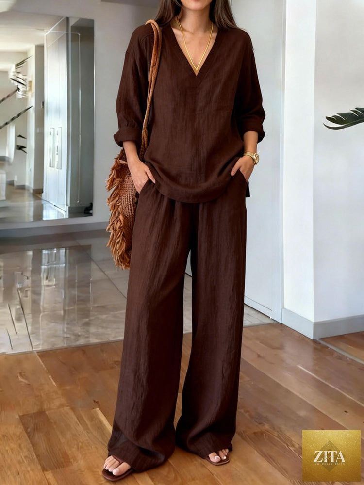 FitiqueFit long sleeve top and full-length pants two-piece set in various colors, shown on a model, comfortable and stylish activewear.
