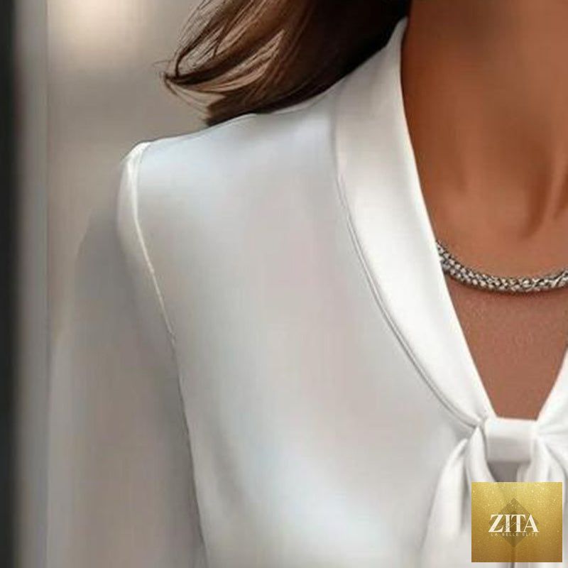 FitiqueFit elegant satin ribbon blouse with long sleeves, button-down casual work shirt in a stylish, satin fabric.