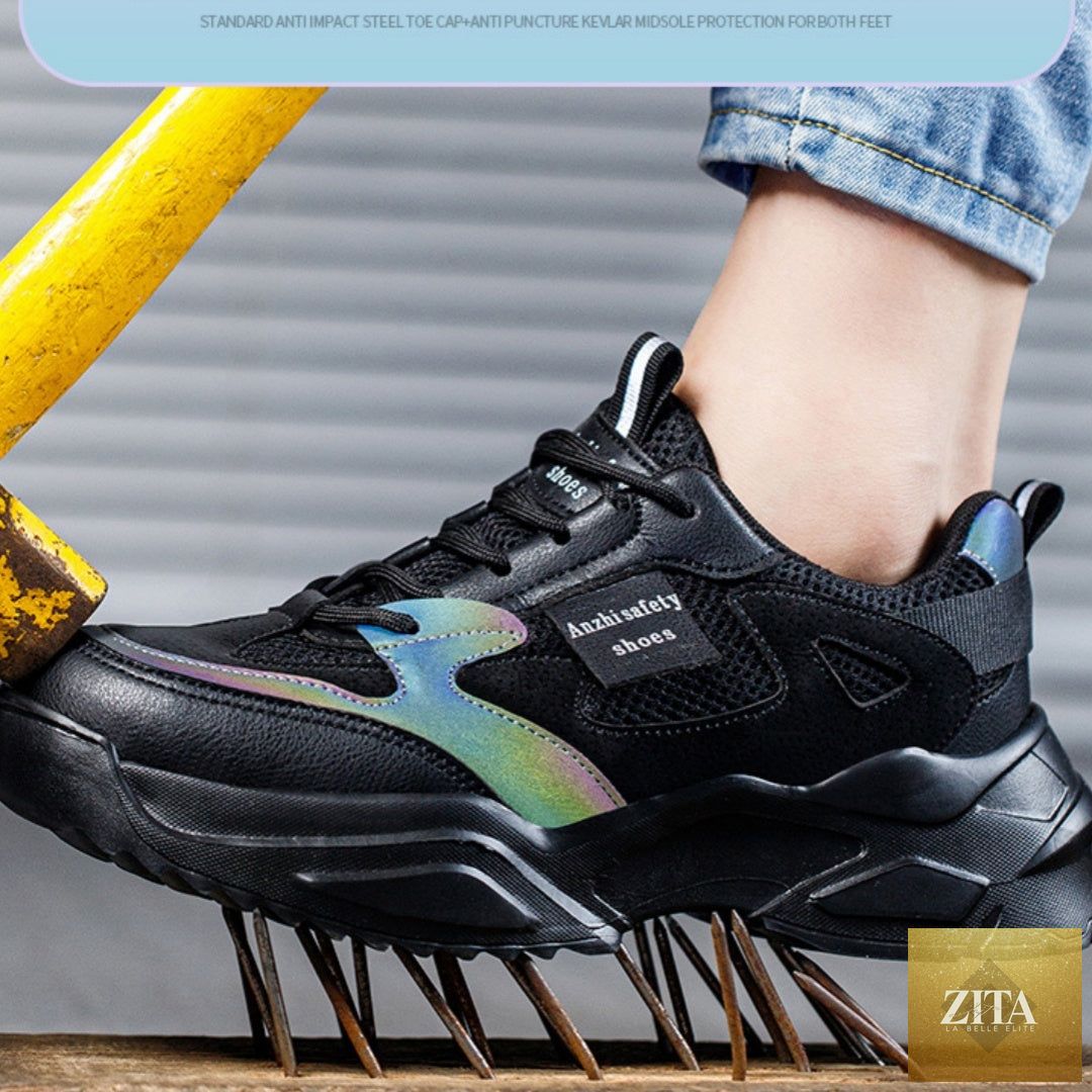 Women's lightweight breathable anti-smash safety sneakers by FitiqueFit, with protective toe caps and slip-resistant soles.