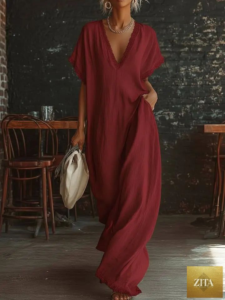 Lace-trimmed loose linen cotton long dress for women by Zita La Belle Elite, featuring casual wear style and relaxed fit.