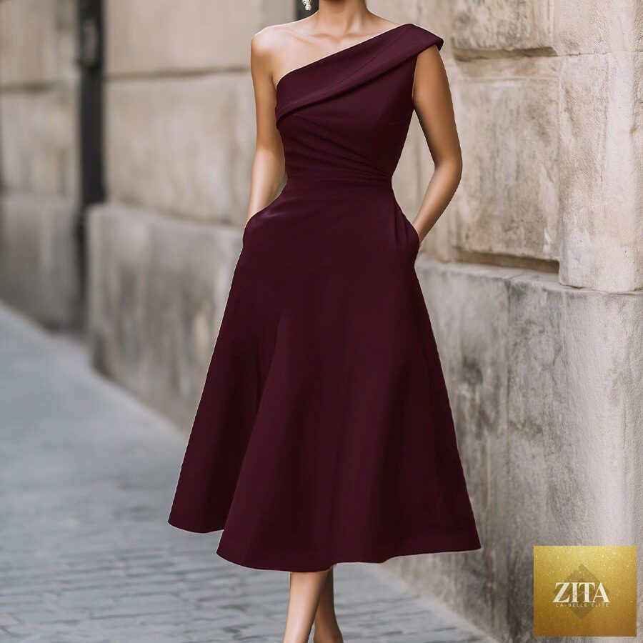 Women's off-shoulder swing dress by FitiqueFit, solid color flowy midi dress with a relaxed, feminine fit and elegant style.