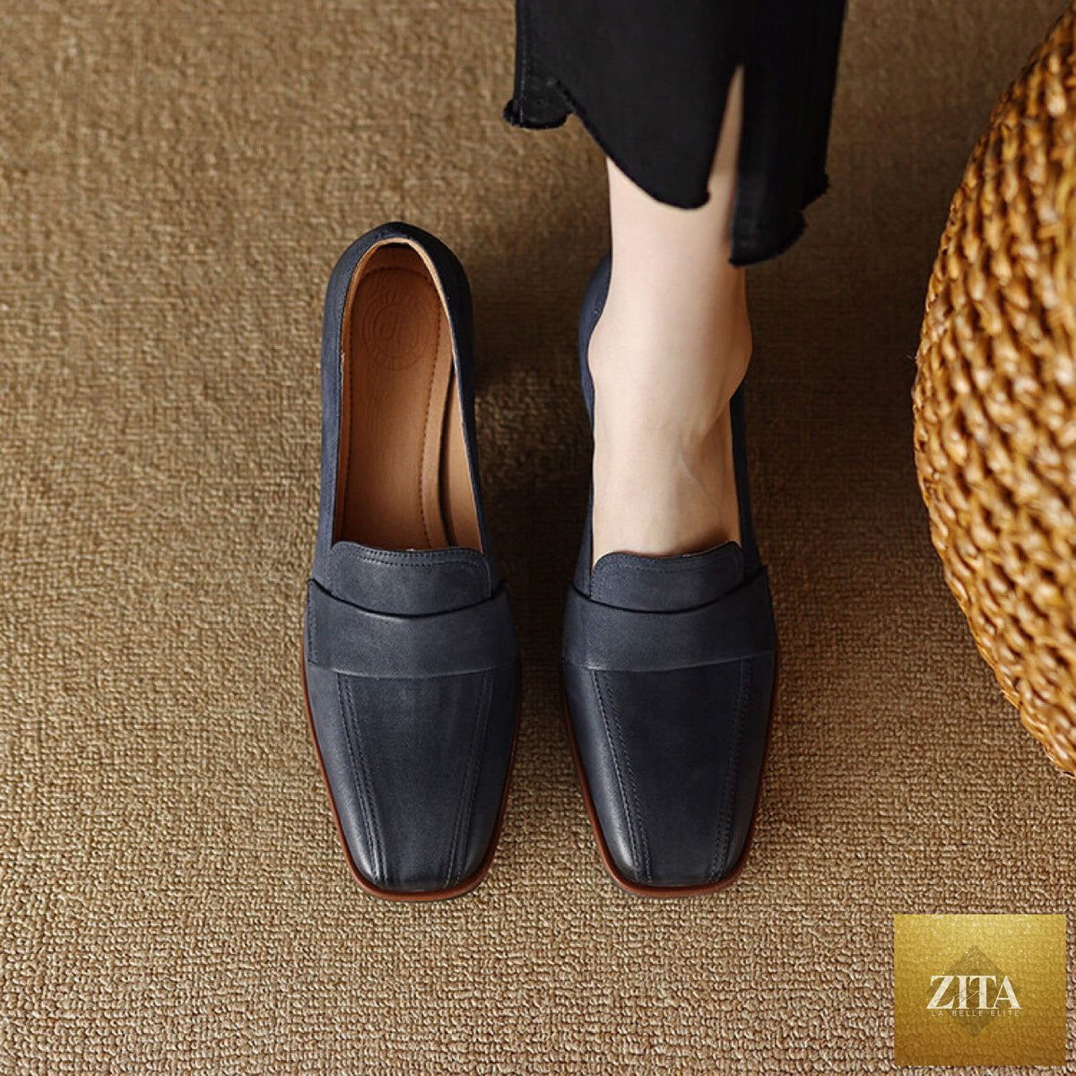 Women's sheepskin square toe chunky heel pumps by FitiqueFit, featuring retro high heel dress shoes in soft beige.