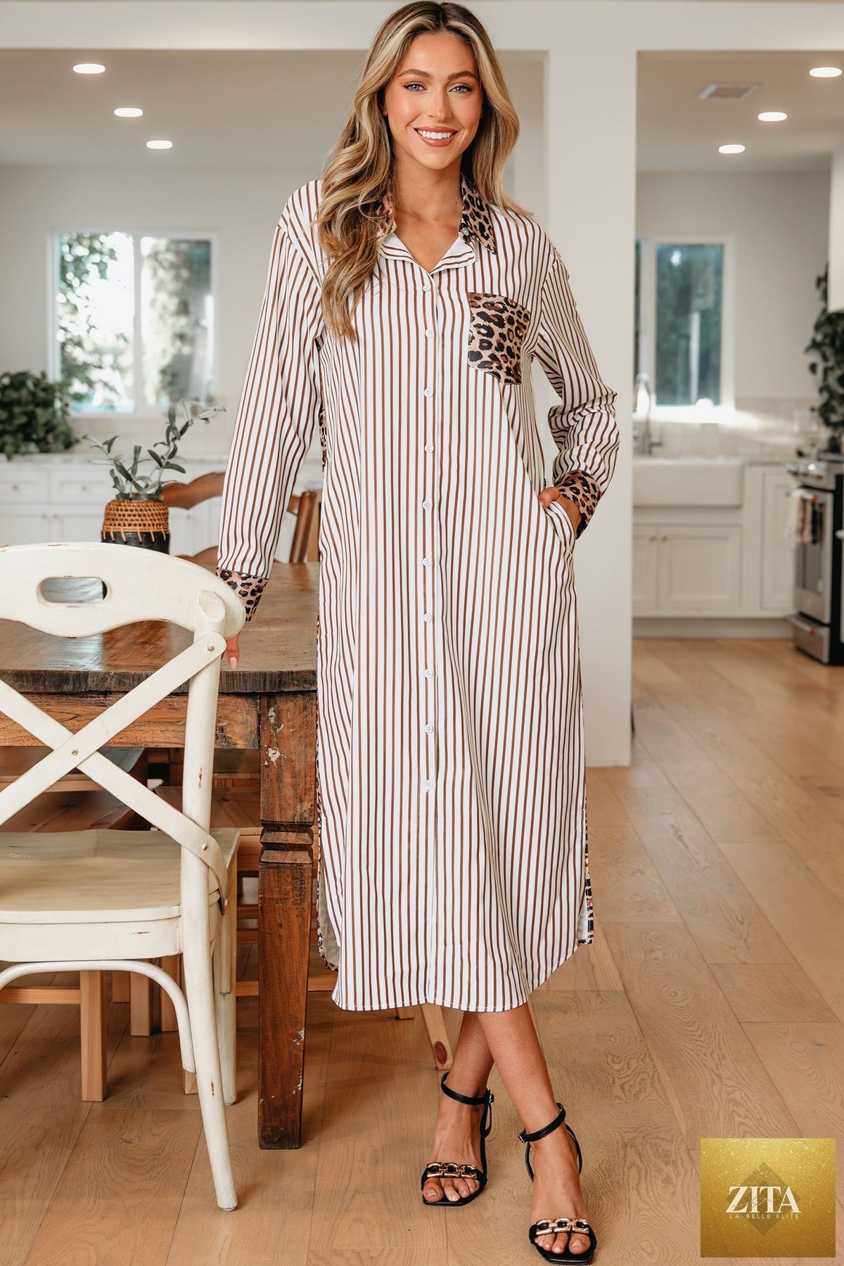 Sky blue stripe contrast leopard patchwork long shirt dress with slits, featuring a stylish maxi dress design from Wild and Free Boutique.