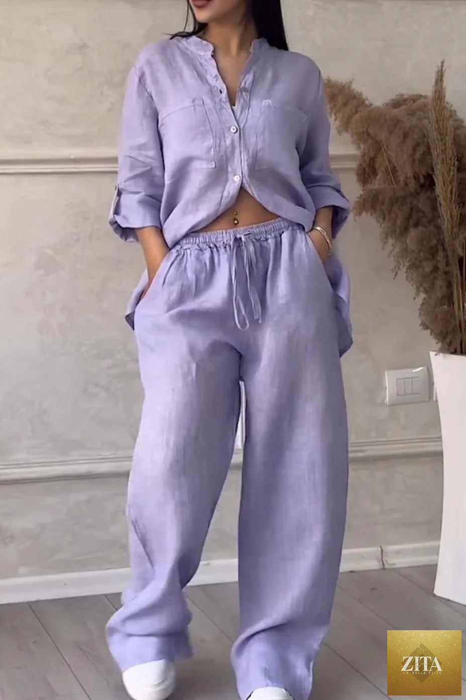 Zita La Belle Elite wide-leg pants and lace-up top two-piece set in solid color, available in 12 sizes and colors.