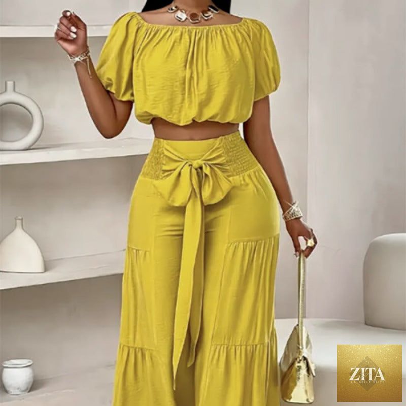 Zita La Belle Elite high-waist flared pants and matching top in multiple colors, casualwear two-piece set on a model.