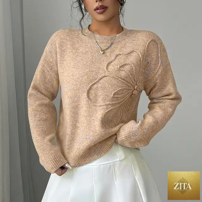 Women's floral sweater by Zita La Belle Elite featuring a crew neck, long sleeves, and elegant casual floral design.
