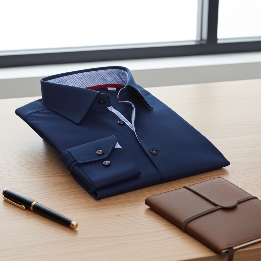 Paul// Cotton Knit-Stretch Button-Up Shirt With Contrast Details // Navy // Tailored Fit (Fitted)