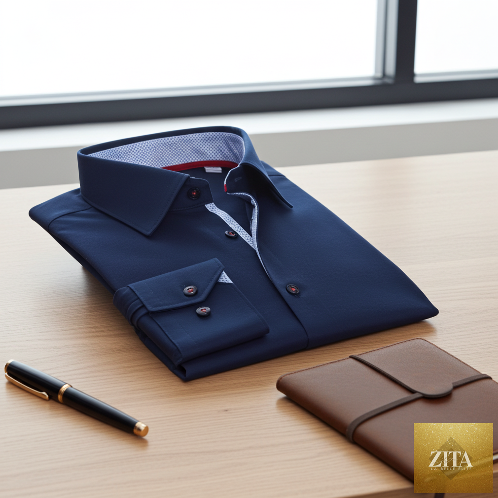 Navy Paul cotton knit-stretch button-up shirt with contrast details, tailored fit, from LEVINAS® Official, shown on a model.