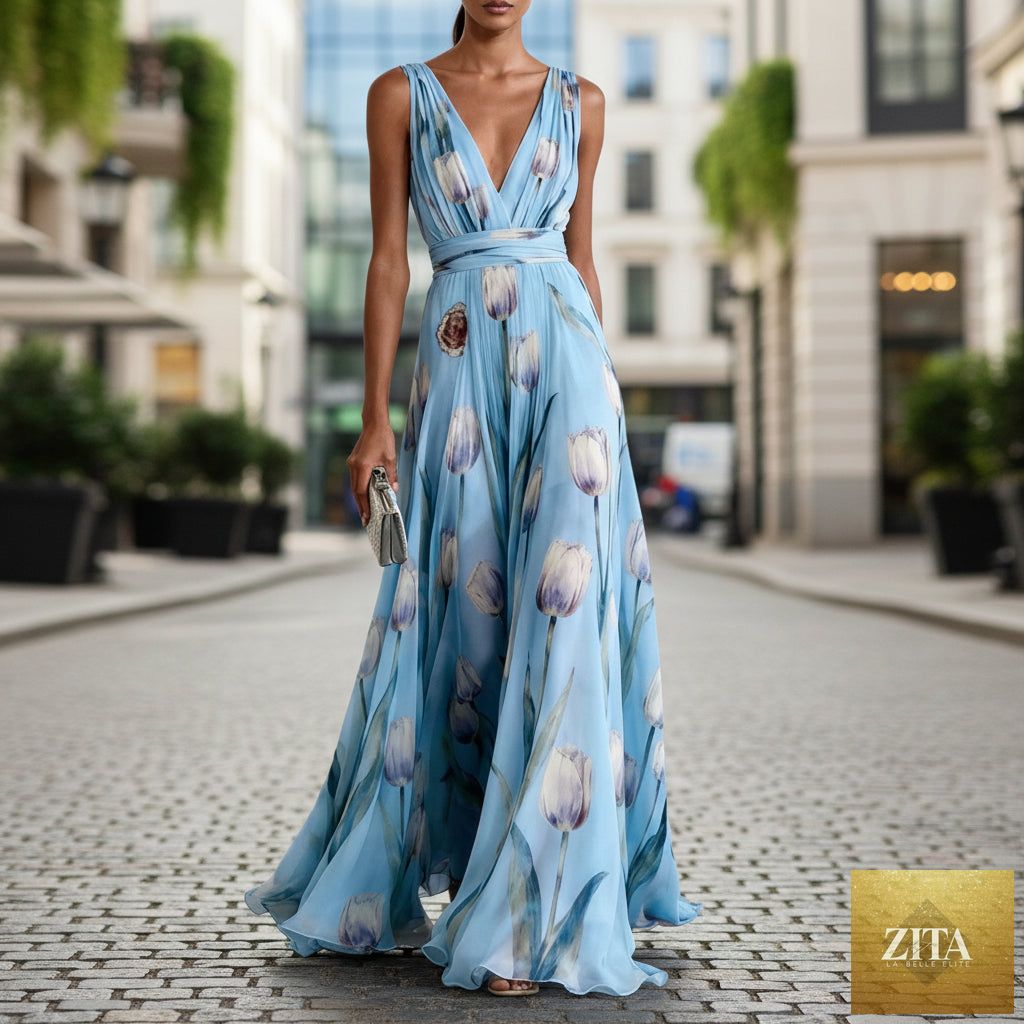 Women's tulip print sleeveless V-neck A-line maxi dress by FitiqueFit in various colors, featuring a flowy silhouette and deep V-neck.