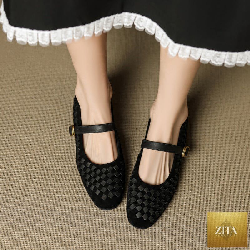 Women's sheepskin Mary Jane shoes by FitiqueFit with a single strap, round toe, flat leather design, perfect for casual wear.
