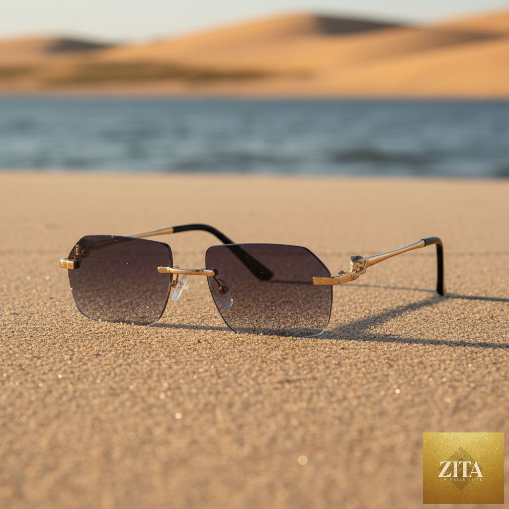 Gold frame cheetah rimless sunglasses with hip-hop style design by FitiqueFit, showcasing bold eyewear with animal print accents.