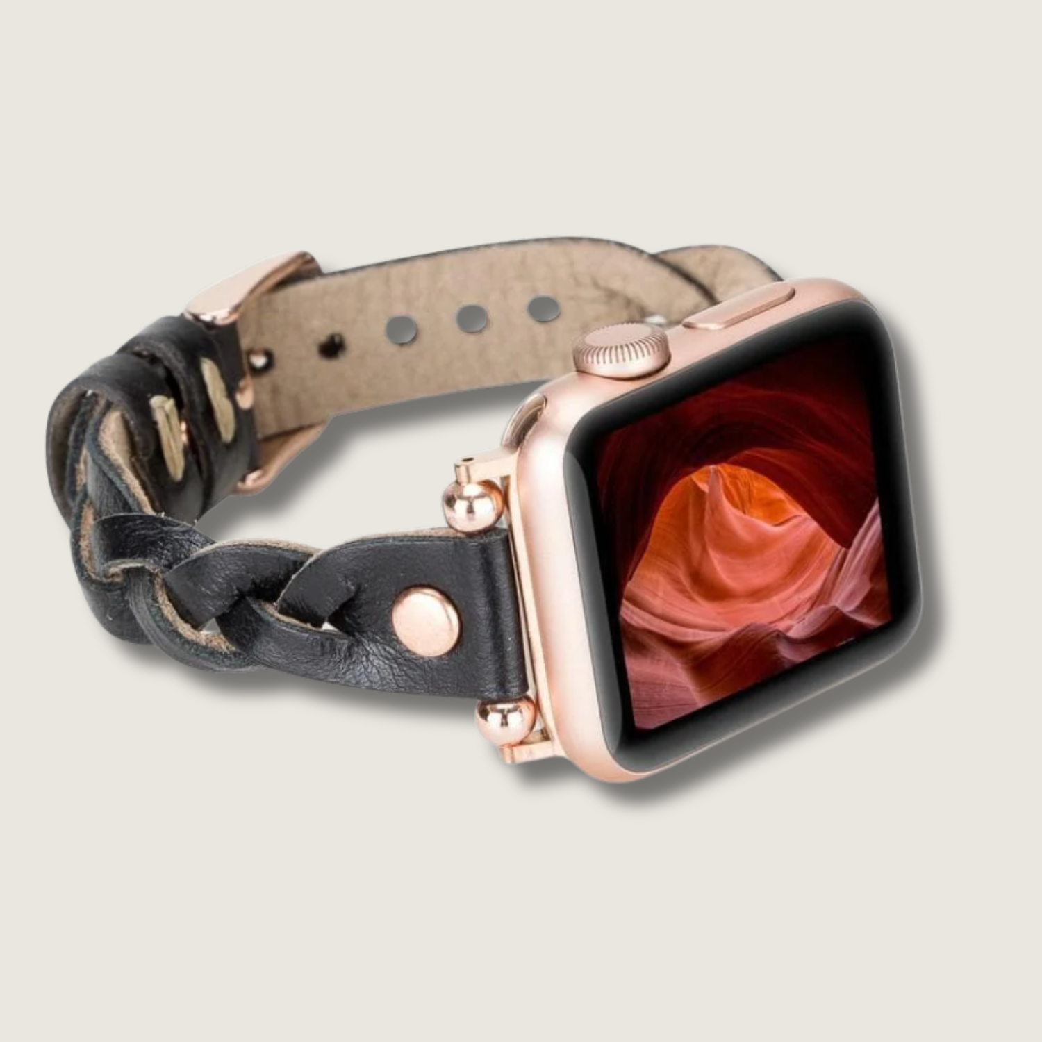 Leather Apple Watch Braided Band in black by LEATHERE, featuring a textured braided design for stylish wear.
