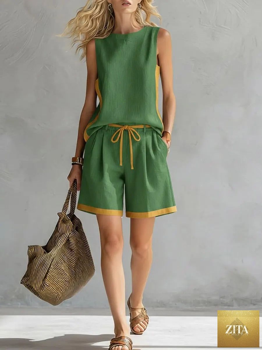 Zita La Belle Elite solid color casual vest and shorts set, loose fit, comfortable casualwear for women.