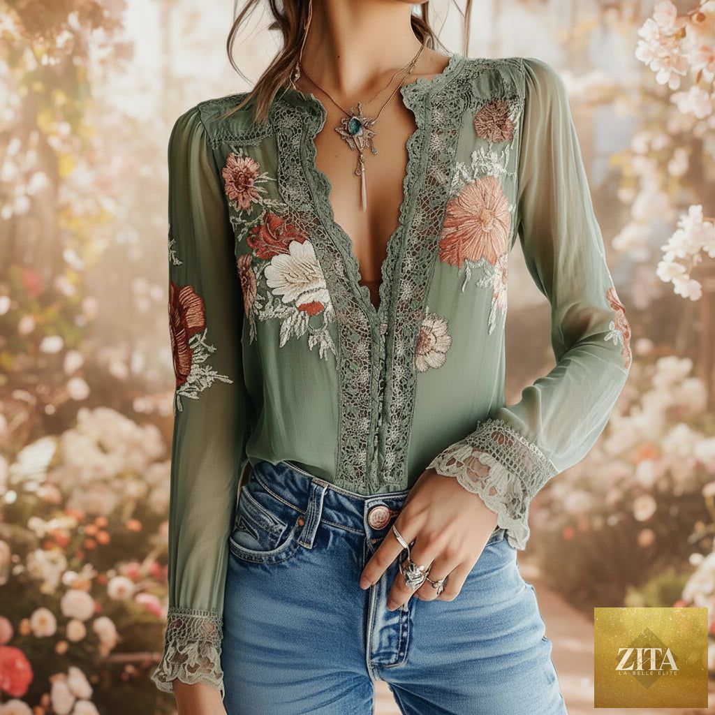 Women’s V-neck floral print blouse by Zita La Belle Elite, casualwear top with colorful floral pattern and relaxed fit.