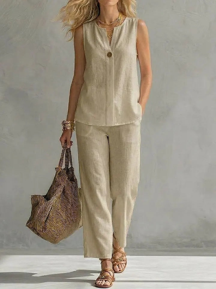 Women's sleeveless V-neck top and full-length pants two-piece casualwear set by FitiqueFit, featuring lightweight fabric and relaxed fit.