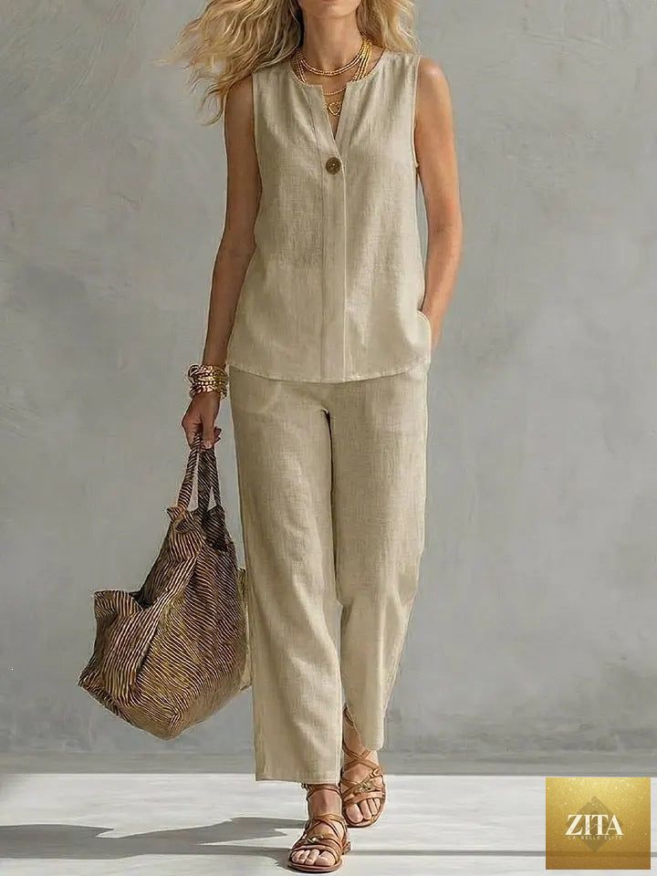 Zita La Belle Elite women's sleeveless V-neck top and full-length pants two-piece casualwear set, light and comfortable.
