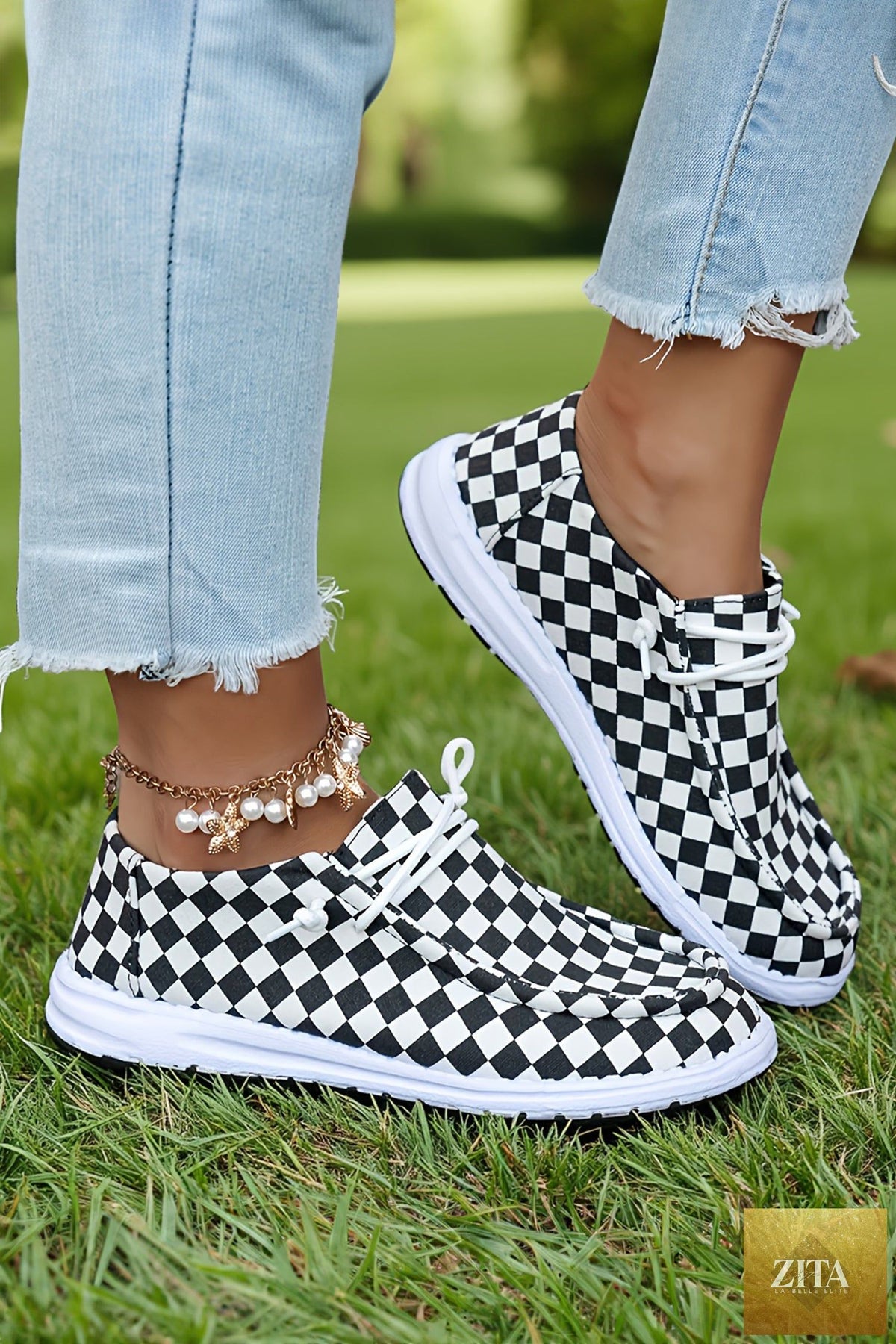 Black checkered print lace-up flat shoes for women from Wild and Free Boutique, featuring a stylish and comfortable design.