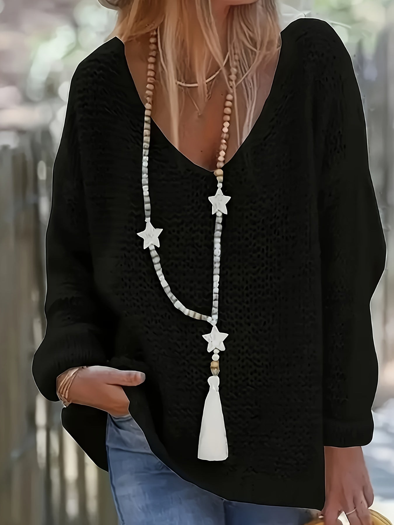 Women’s cozy V-neck long sleeve casual sweater by Trendy Attic Store01, shown in a soft, comfortable knit fabric.