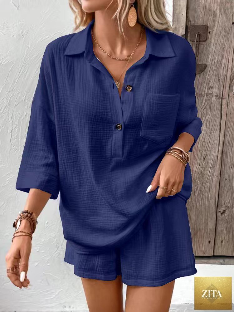 Zita La Belle Elite women's casual two-piece set with a lapel collar shirt and matching shorts, stylish and comfortable for everyday wear.