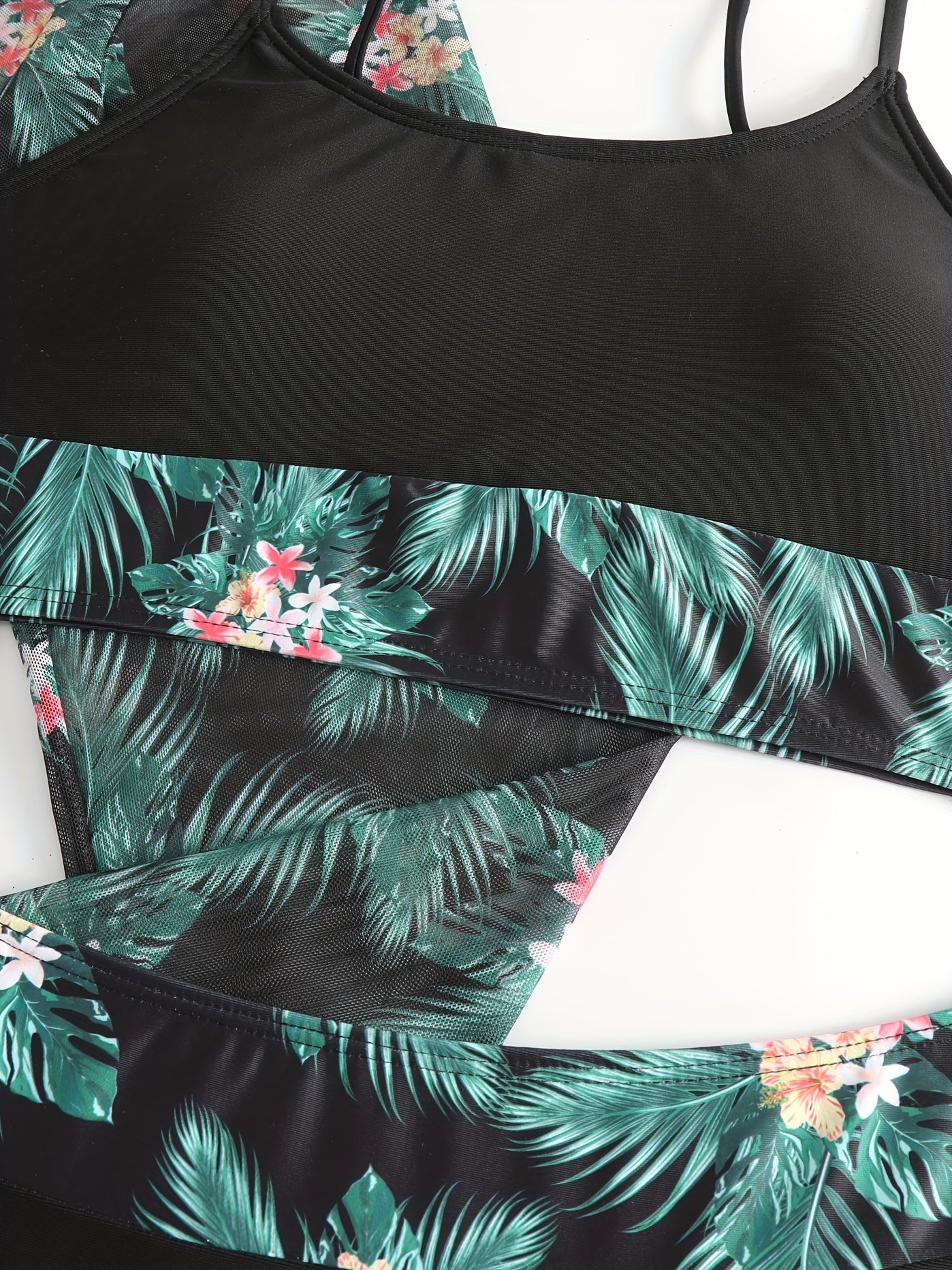 Stevvex tropical print 3-piece bikini set with high stretch fabric, crew neck mesh cover-up, perfect for beach and poolside summer wear.