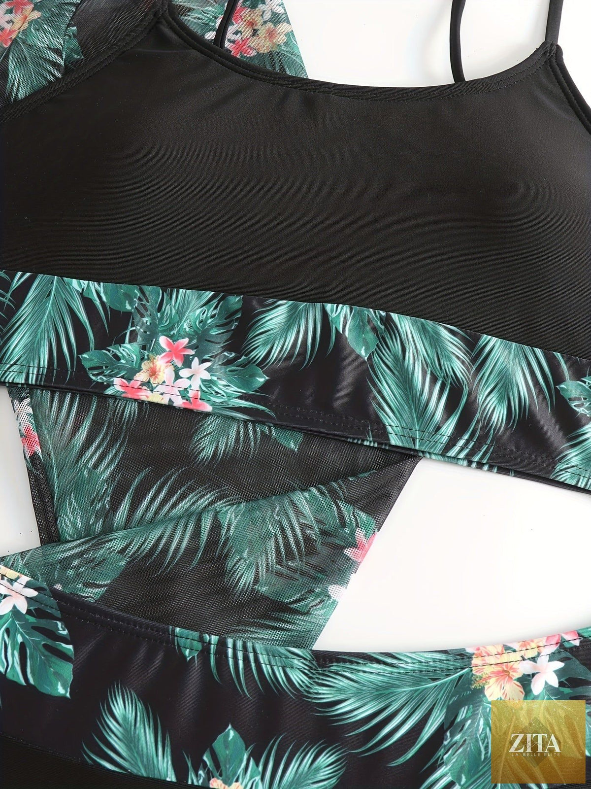Stevvex bikini 3-piece tropical print swimsuit set with high stretch fabric, crew neck mesh cover-up, perfect for summer beachwear.