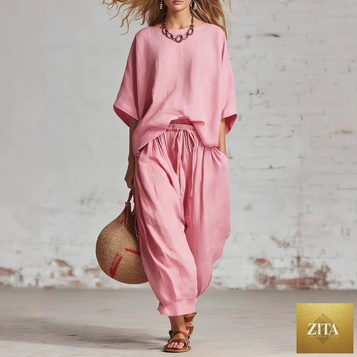 Women's solid color casual set from Zita La Belle Elite with a relaxed t-shirt and ankle pants, perfect for comfortable everyday wear.