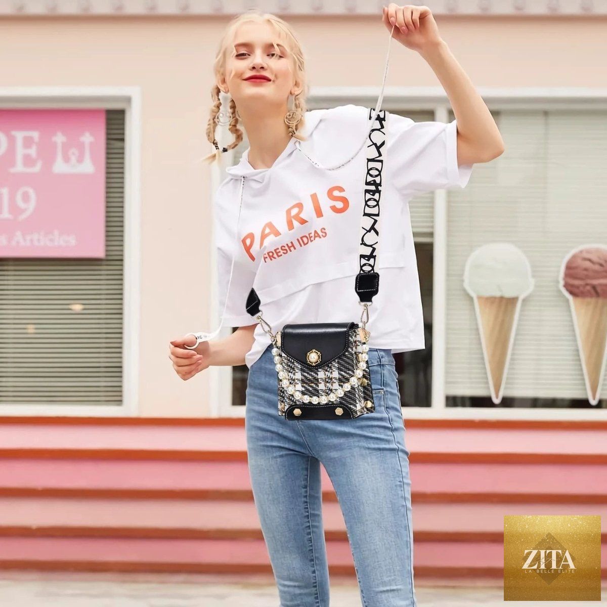 Mandotos women's crossbody bag featuring pearl chain, cute princess design, and classic shoulder style with phone compartment.