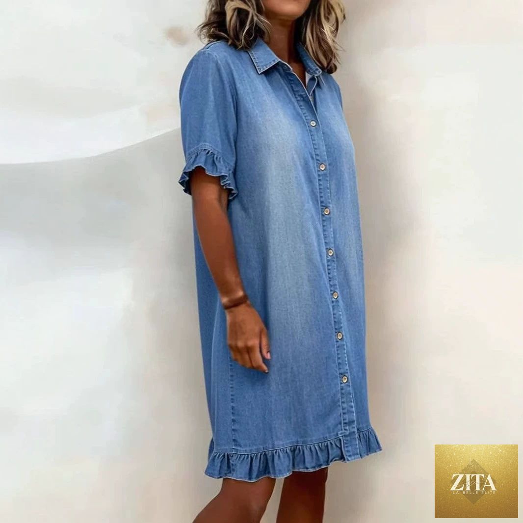 Women's faux denim shirt dress with ruffle sleeves, casual FitiqueFit fashion, displayed on a hanger.