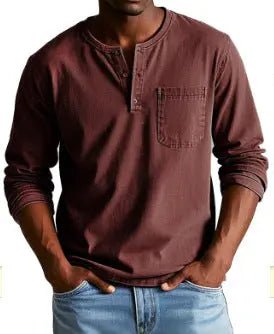 Men's V-neck Long-sleeved Pullover Top with Button Design