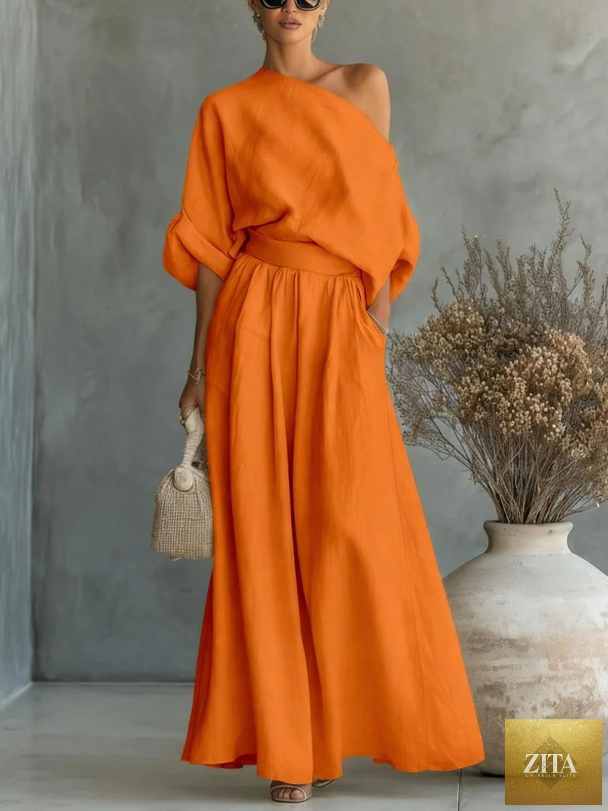 Zita La Belle Elite casualwear two-piece set with cropped off-shoulder top and matching pants in multiple colors, size S–5XL.