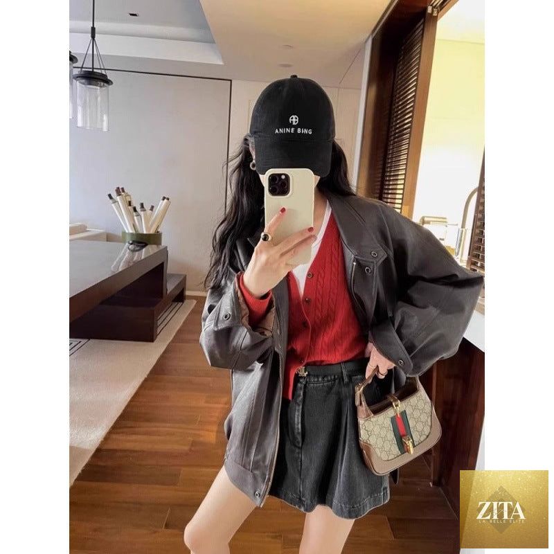 Women's loose slimming motorcycle jacket cardigan by LadyShow.Store, featuring a stylish, fitted design with lapel collar and zip closure.