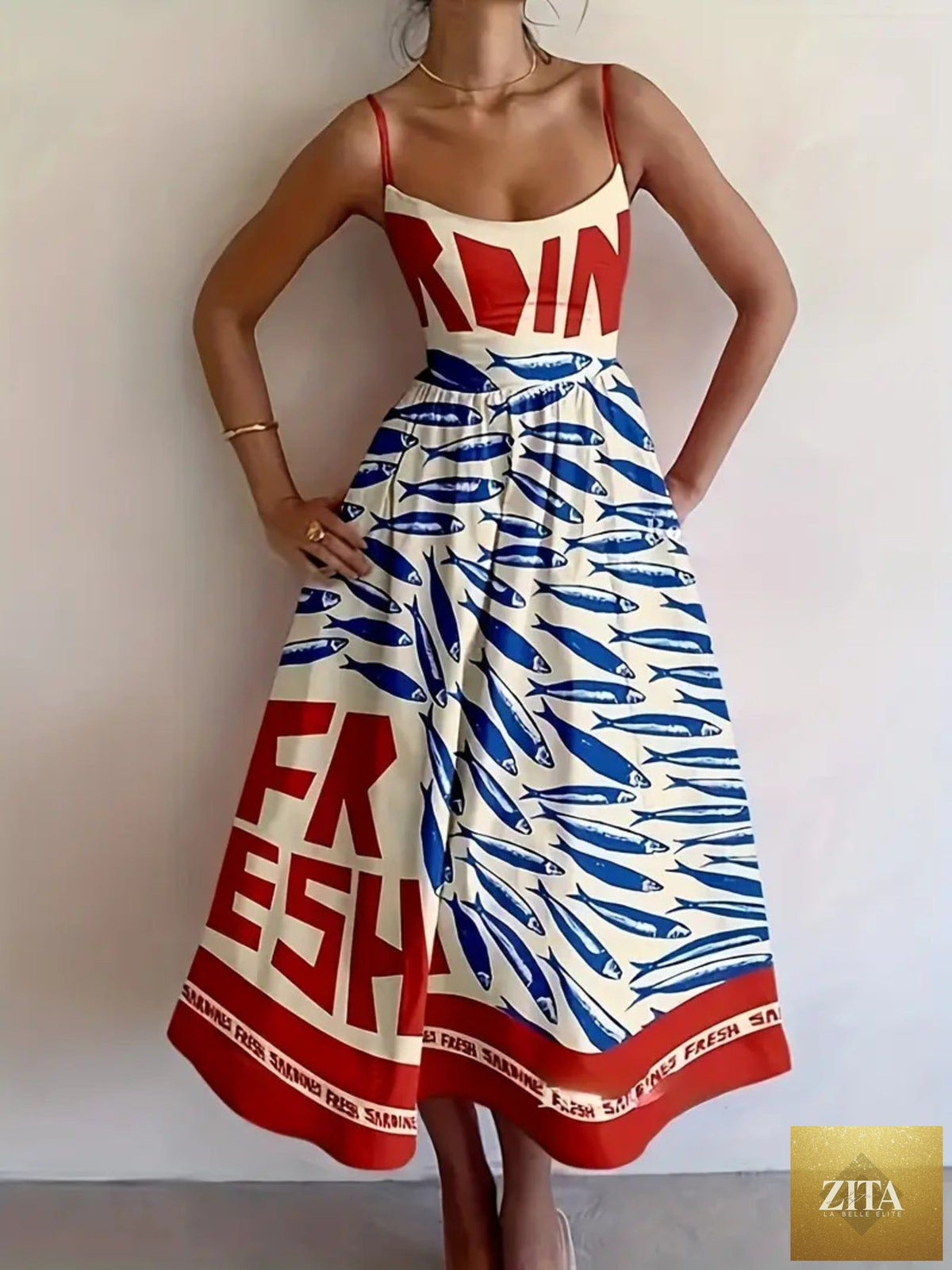 Sardine print spaghetti strap midi dress by Shopiebay featuring a fitted silhouette and feminine design.