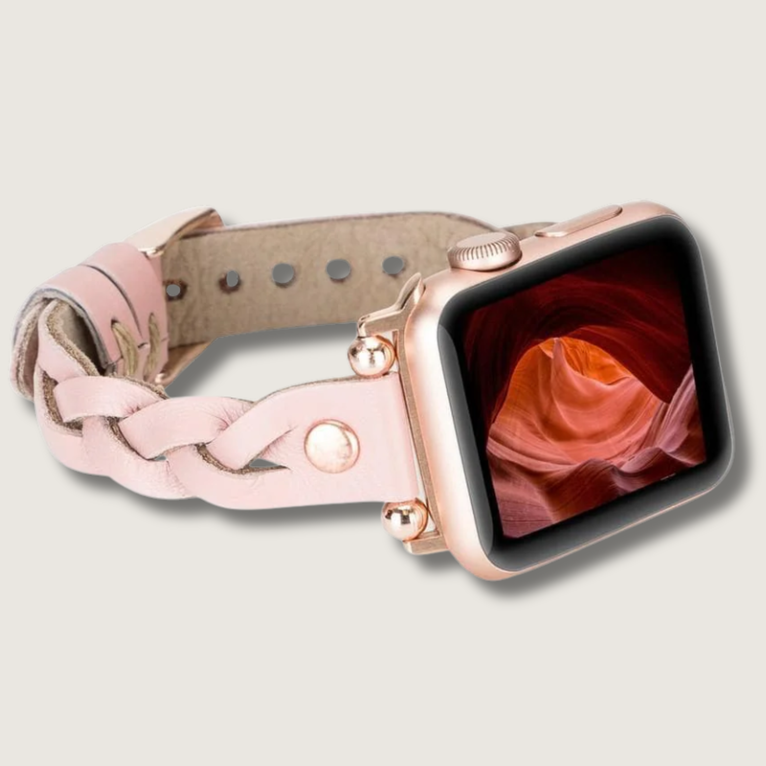 Pink leather Apple Watch braided band by LEATHERE, featuring a stylish woven design for a comfortable fit.