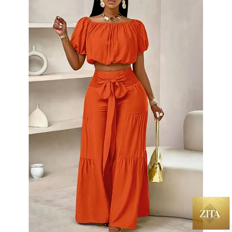 Zita La Belle Elite high-waist flared pants and matching top two-piece casualwear set in multiple colors, size S to 2XL.