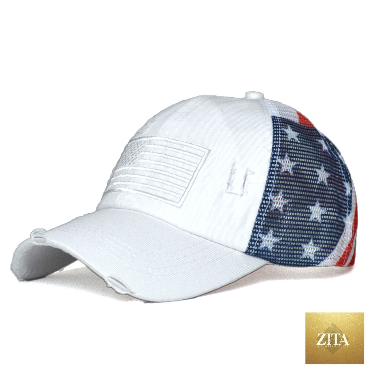Women's breathable embroidered baseball cap with ripped details and polyester dome top, by Zita La Belle Elite.