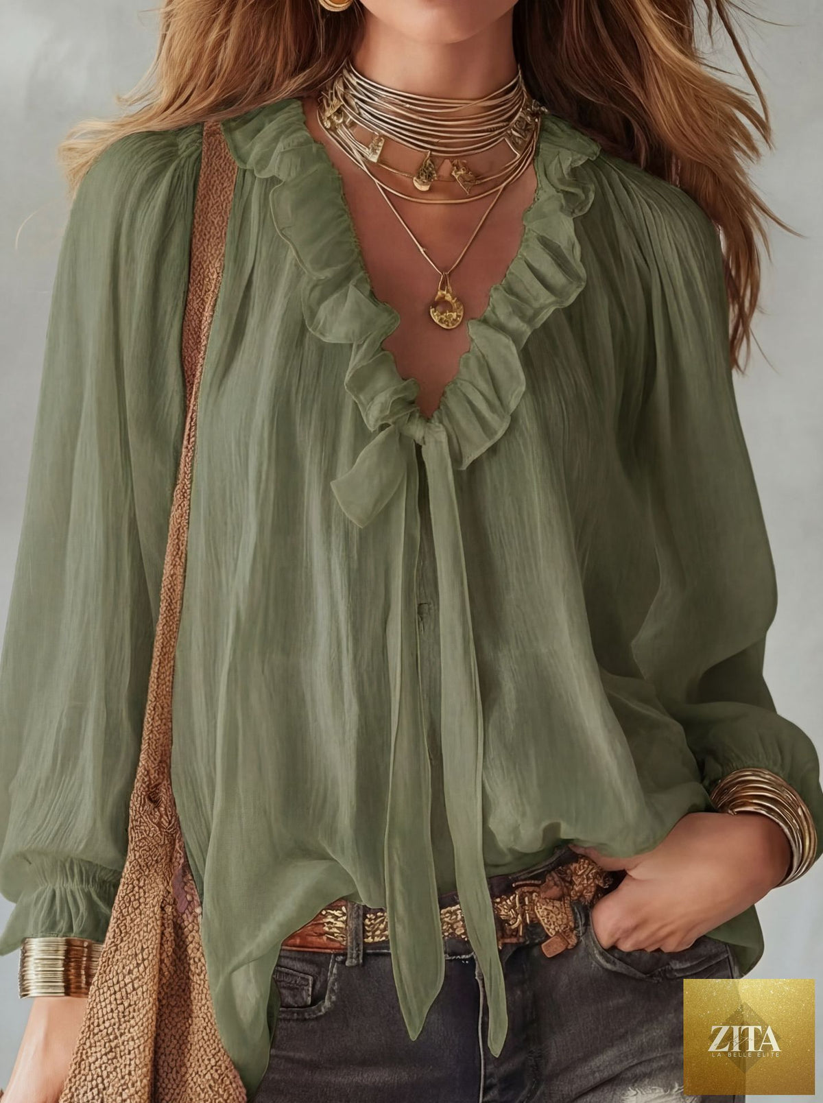 Zita La Belle Elite V-neck loose-fit casual shirt top in no-iron fabric, available in 8 colors, shown on a model.