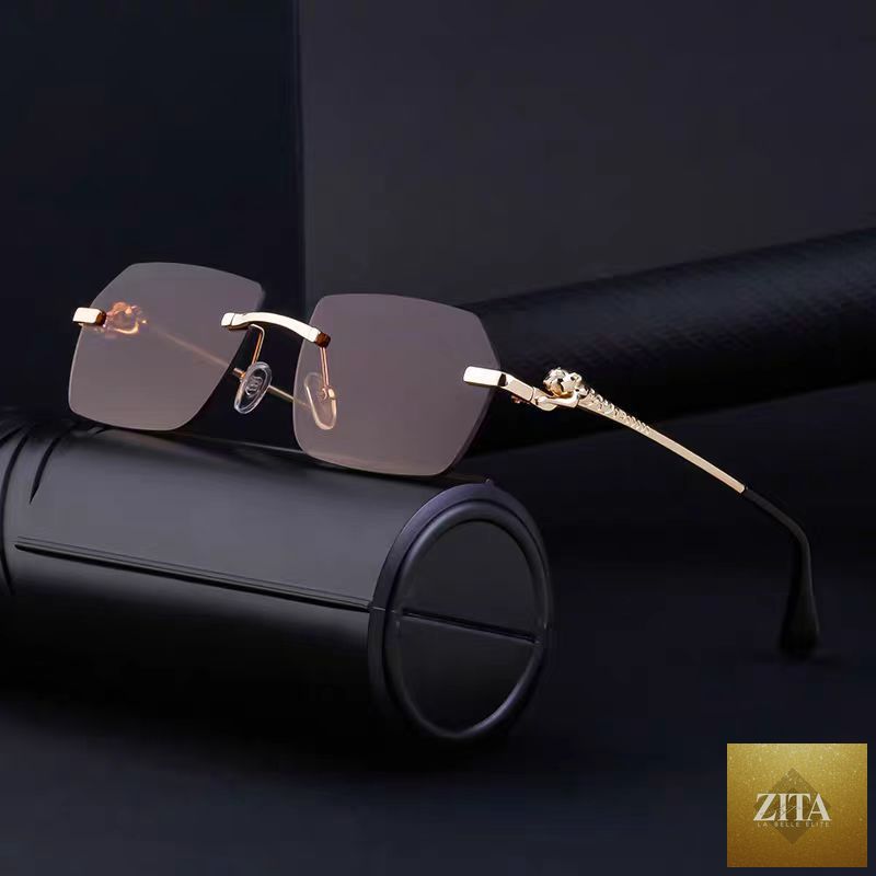 Gold frame cheetah rimless sunglasses with dark lenses, stylish eyewear by FitiqueFit in hip-hop fashion style.