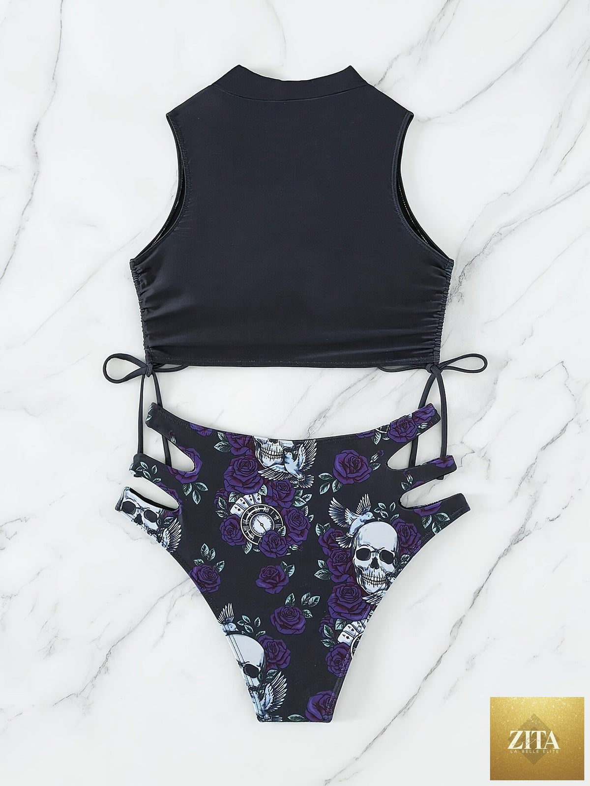 Stevvex bikini set with skull print, floral lace-up design, hollow-out style, and crew neck, perfect for beach and summer festivals.
