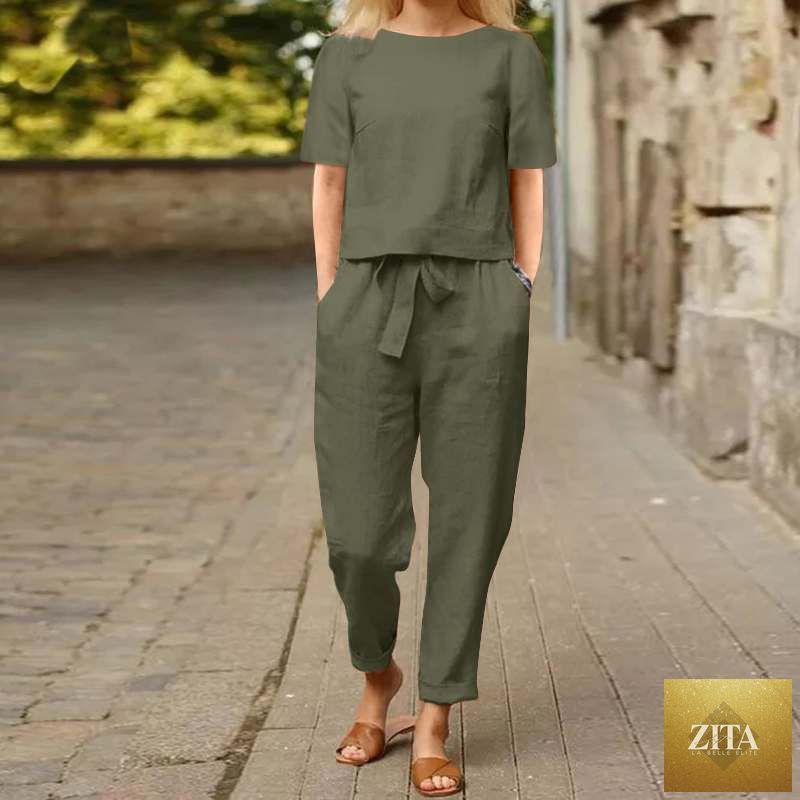 Zita La Belle Elite wide-leg pants two-piece set in solid color, casual lounge suit featuring relaxed fit and comfortable fabric