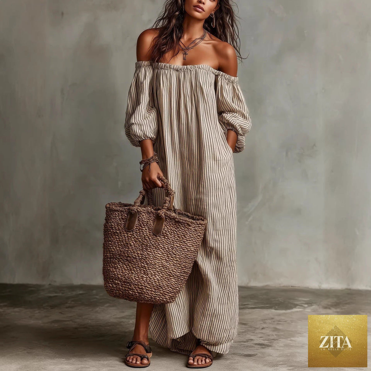 Women's off-shoulder long-sleeve maxi dress by Zita La Belle Elite, casualwear style, flowing fabric and elegant fit.