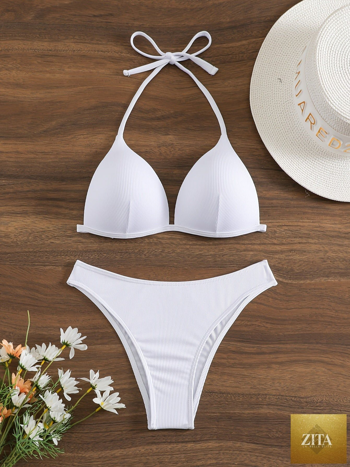 Stevvex bikini rib knit solid color triangle two-piece swimsuit with adjustable tie halter top and spaghetti straps for women.