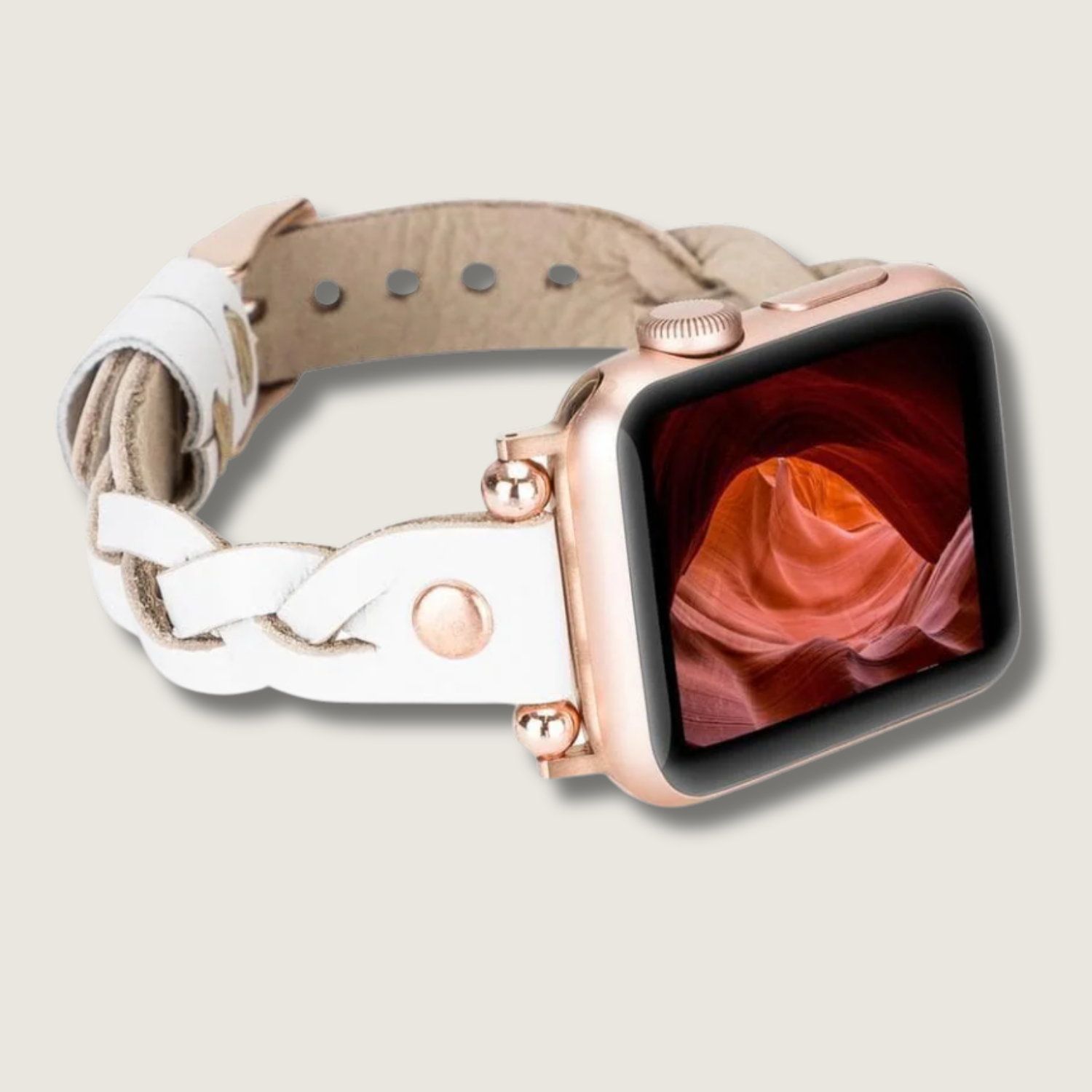 White leather Apple Watch braided band by LEATHERE, stylish and comfortable accessory for Apple Watch.