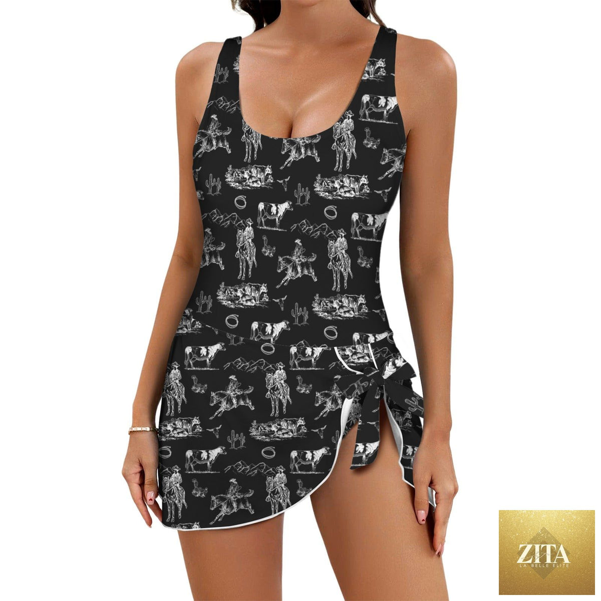 Baha Ranch Western Wear Ranch Life skirted one-piece swimsuit with western-inspired design and full coverage, displayed on a mannequin.