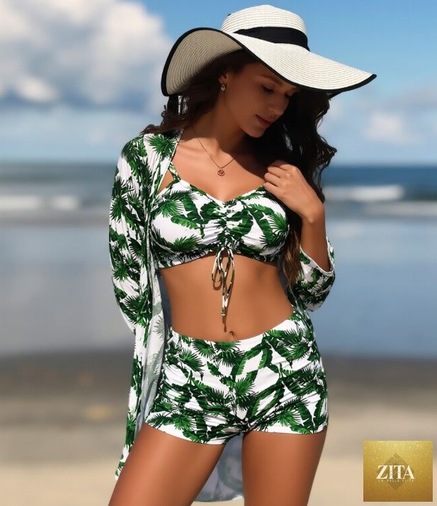Women's long sleeve swimsuit set by Zita La Belle Elite featuring a stylish 3-piece swimwear with a fitted top, bottom, and cover-up.