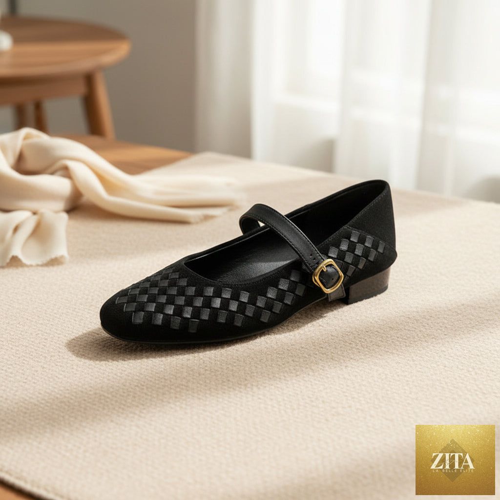 Women's sheepskin Mary Jane shoes by FitiqueFit with single strap, round toe, flat leather design, on a white background.