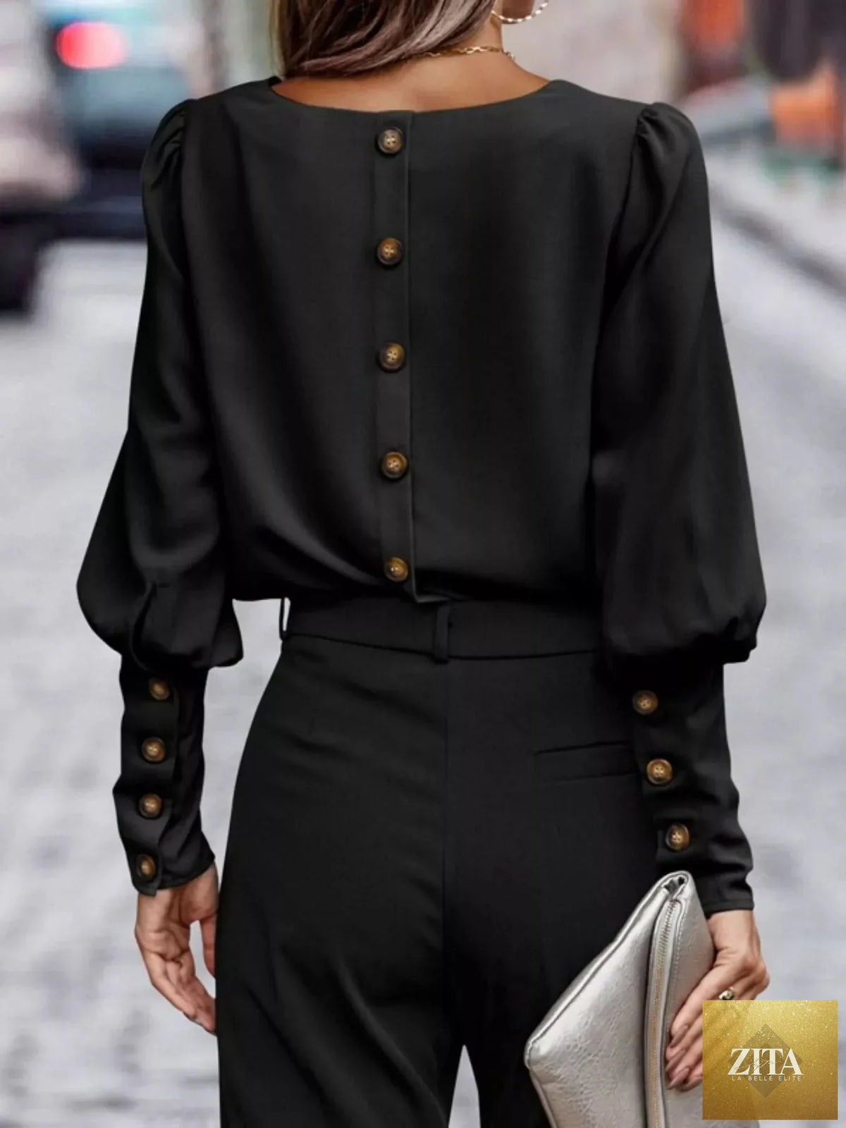 Simply Love back button lantern sleeve blouse with a relaxed fit, featuring lantern sleeves and a stylish back button detail.