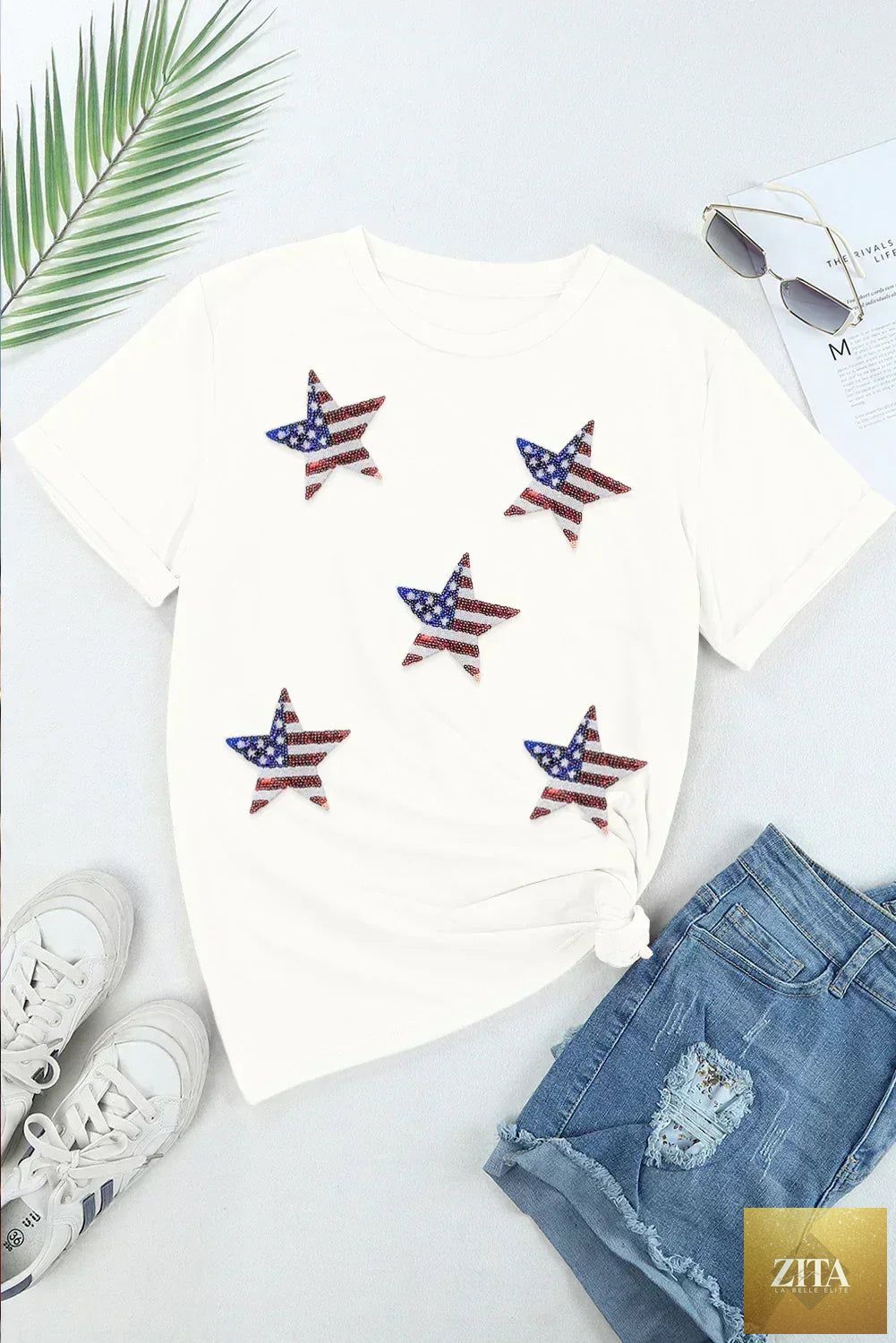 Black sequined American flag star graphic T-shirt by Femstylo featuring bold star and flag design on soft cotton tee.